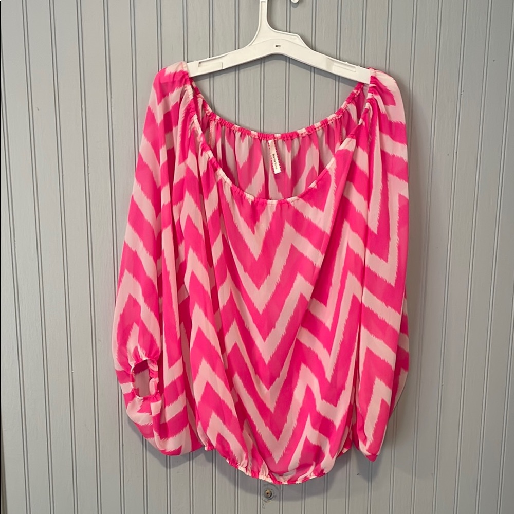 Emma Rose Pink & White Chevron 3/4 Sleeve Relaxed Blouse | Small